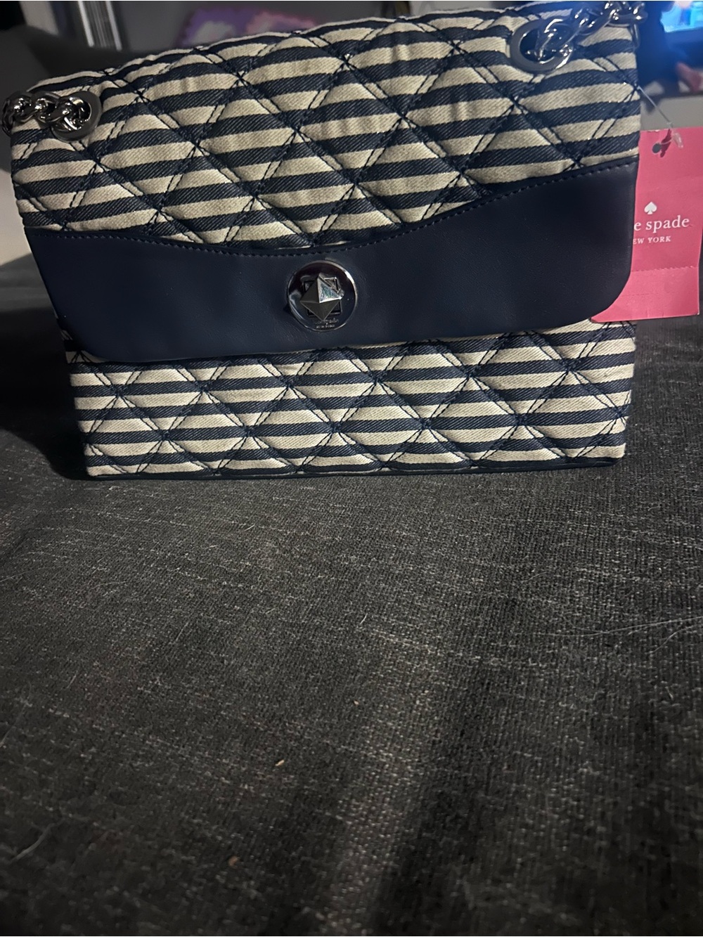 kate spade Navy and Cream Quilted Stripe Crossbody with Chain Strap